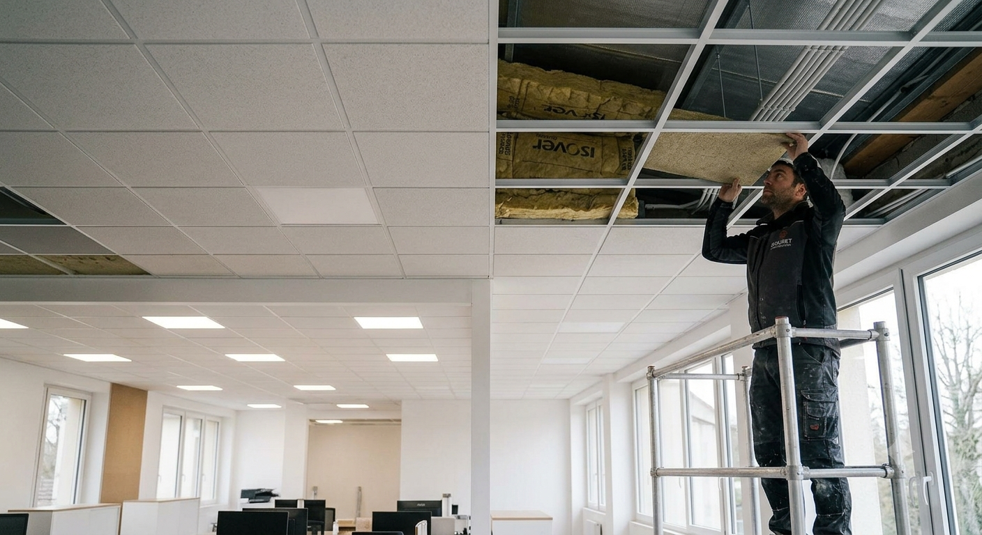 Pose d'un plafond suspendu par un compagnon SIGURET AMÉNAGEMENT